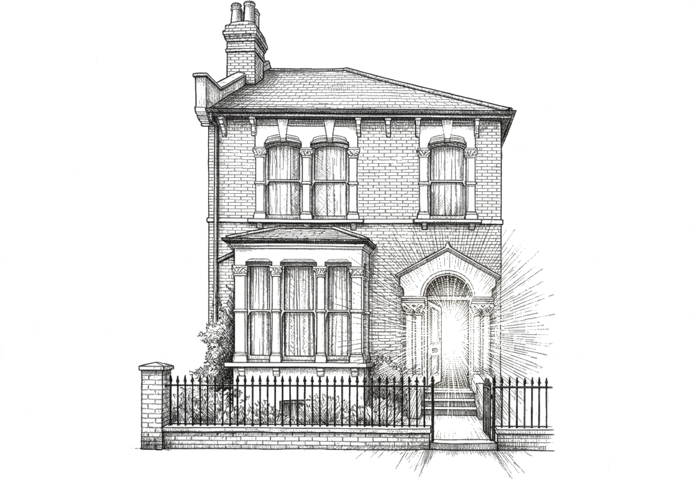 A pen-and-ink drawing of the house with its front door standing open onto a burst of light